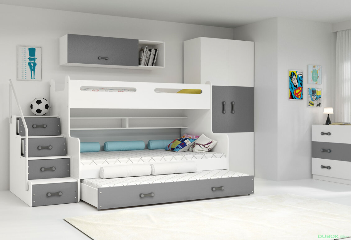 Obrázek 2 - Patrová postel Max 3 pro tři osoby bílé / grafitt 80x200 / 120x200 / 80x190, s roštem, matrací