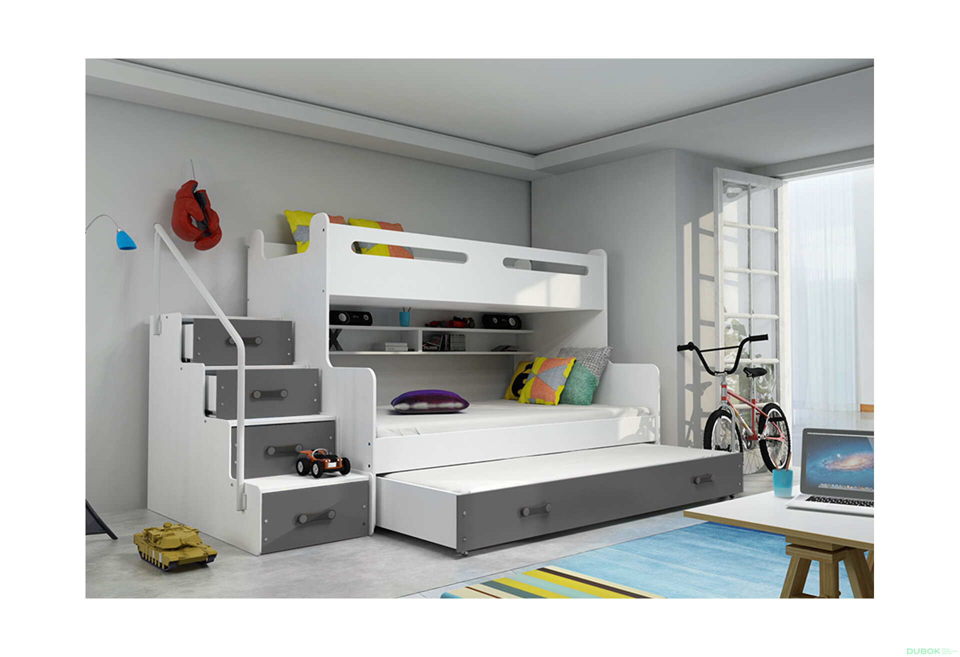 Obrázek 3 - Patrová postel Max 3 pro tři osoby bílé / grafitt 80x200 / 120x200 / 80x190, s roštem, matrací