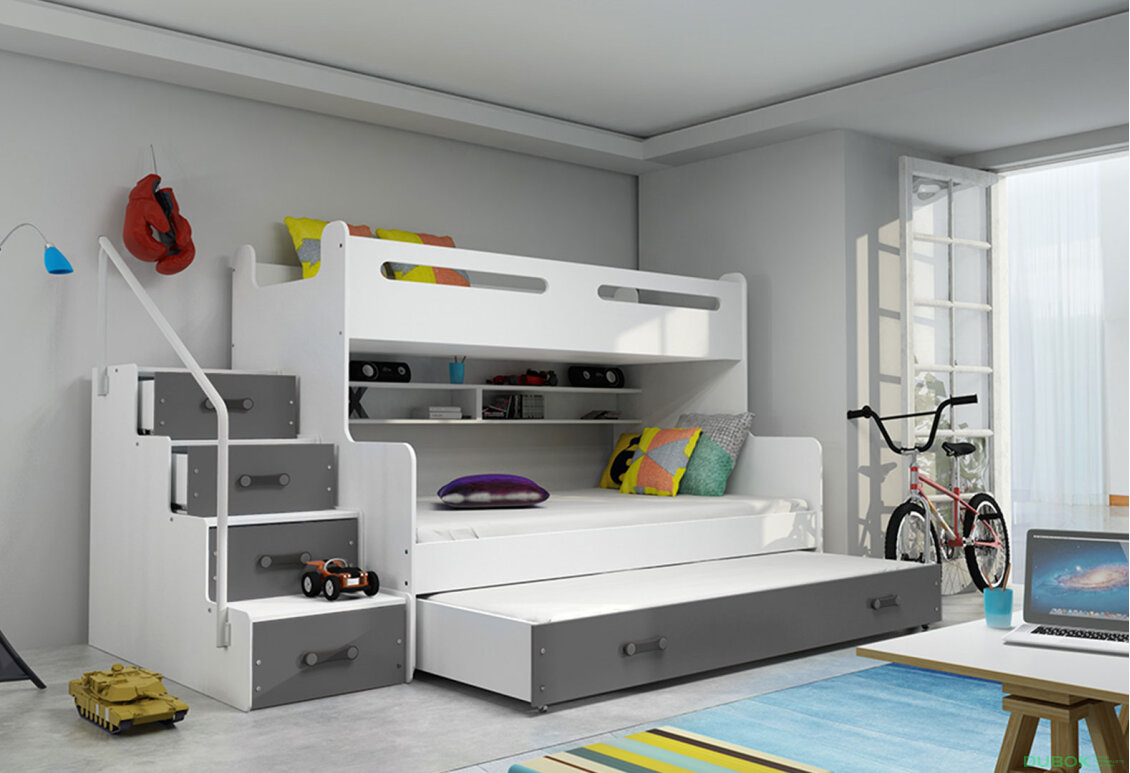 Obrázek 3 - Patrová postel Max 3 pro tři osoby bílé / grafitt 80x200 / 120x200 / 80x190, s roštem, matrací