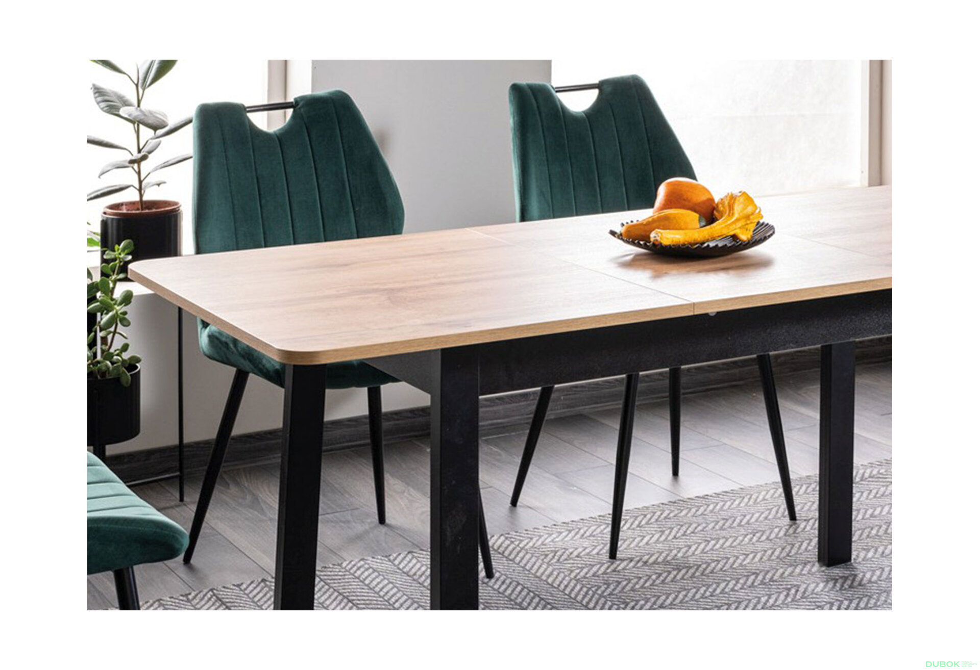 Obrázek 2 - Stůl Ikar 125(165)x75 + 4 židle Arco Velvet zelený Bluvel 78, černý
