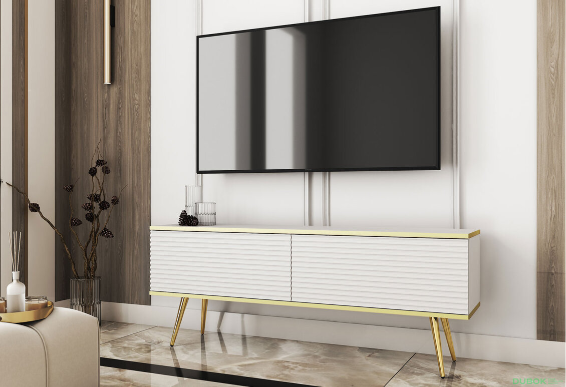 Obrázek 2 - TV stolek RTV 135 MDF bílý, zlaté nohy Oro
