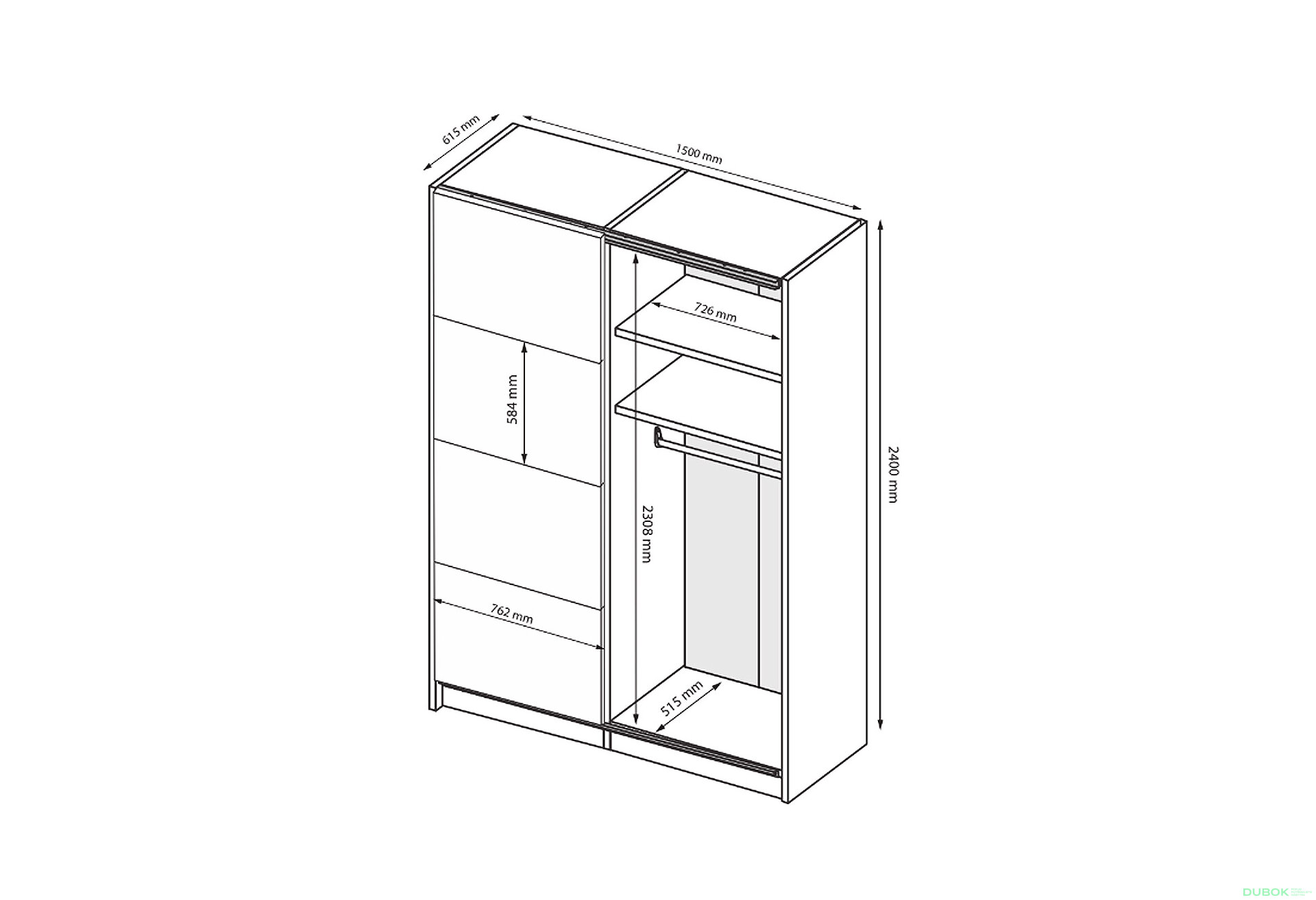 Obrázek 9 - Skříň s posuvnými dveřmi 1.5х2.4m (Dveře kašmírový lesk) Lori