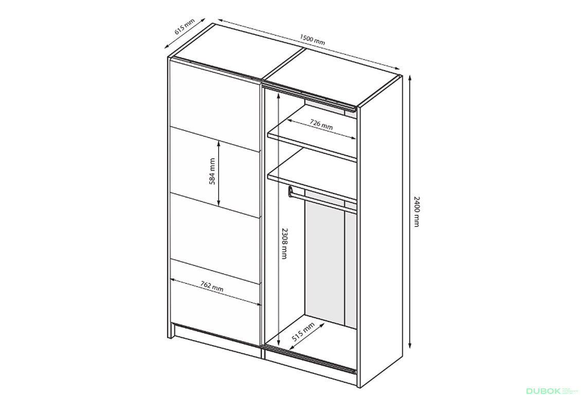 Obrázek 9 - Skříň s posuvnými dveřmi 1.5х2.4m (Dveře kašmírový lesk) Lori