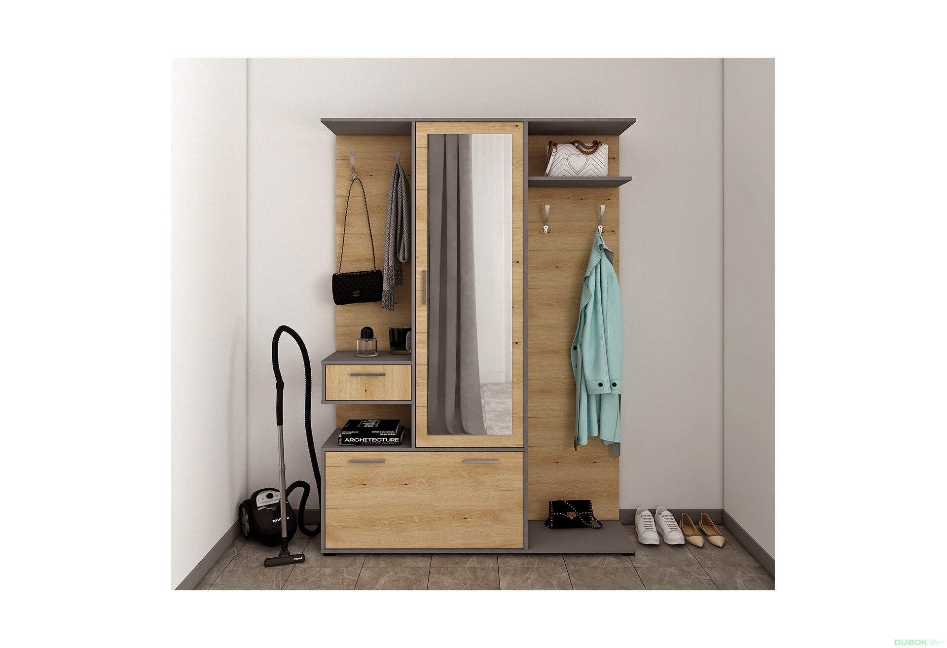 Obrázek 2 - Předsíňová sestava Finch 145 cm Grafit / Dub artisan