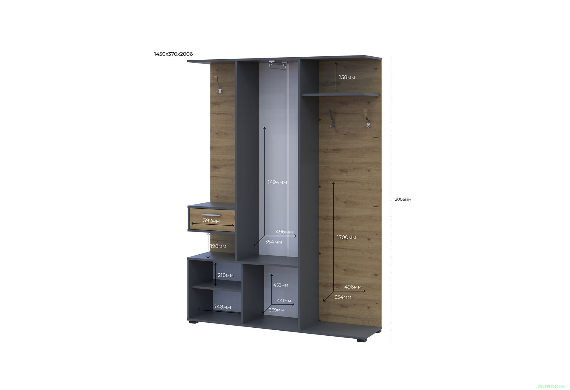 Obrázek 6 - Předsíňová sestava Finch 145 cm Grafit / Dub artisan