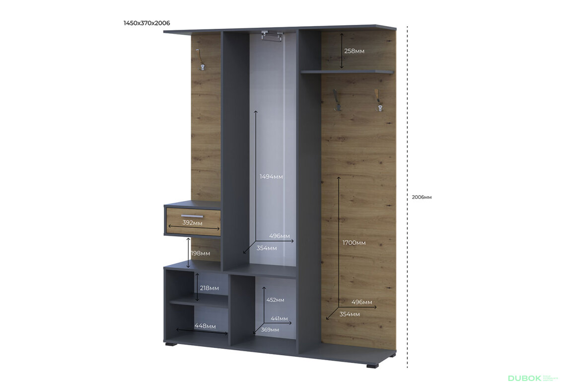 Obrázek 6 - Předsíňová sestava Finch 145 cm Grafit / Dub artisan