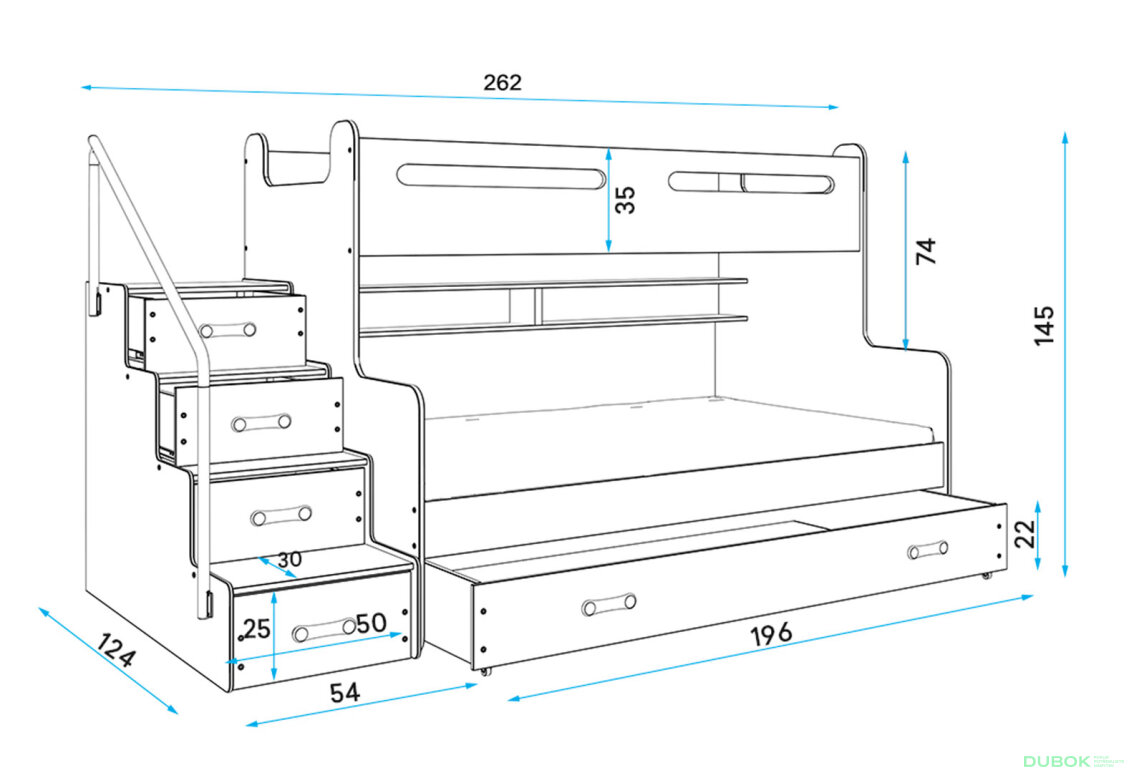 Obrázek 4 - Patrová postel Max 3 bílé / modrý 80x200 / 120x200 + zásuvka, s roštem, matrací