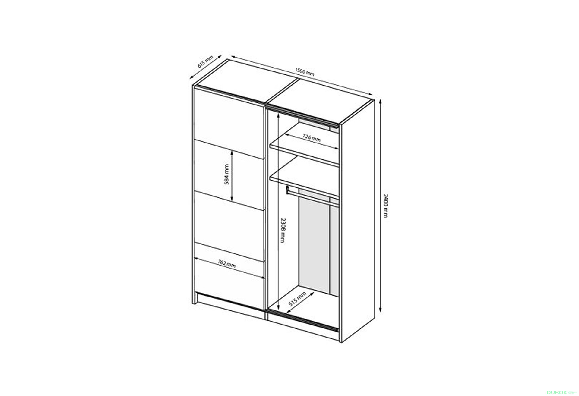 Obrázek 10 - Skříň s posuvnými dveřmi 1.5х2.4m (Dveře kašmírový lesk/Zrcadlo) Lori