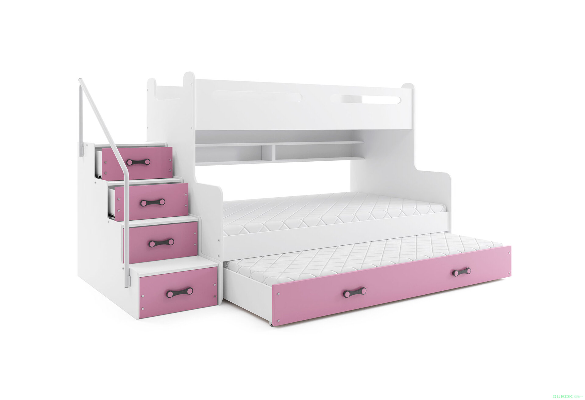 Obrázek 1 - Patrová postel Max 3 pro tři osoby bílé / růžový 80x200 / 120x200 / 80x190, s roštem, matrací