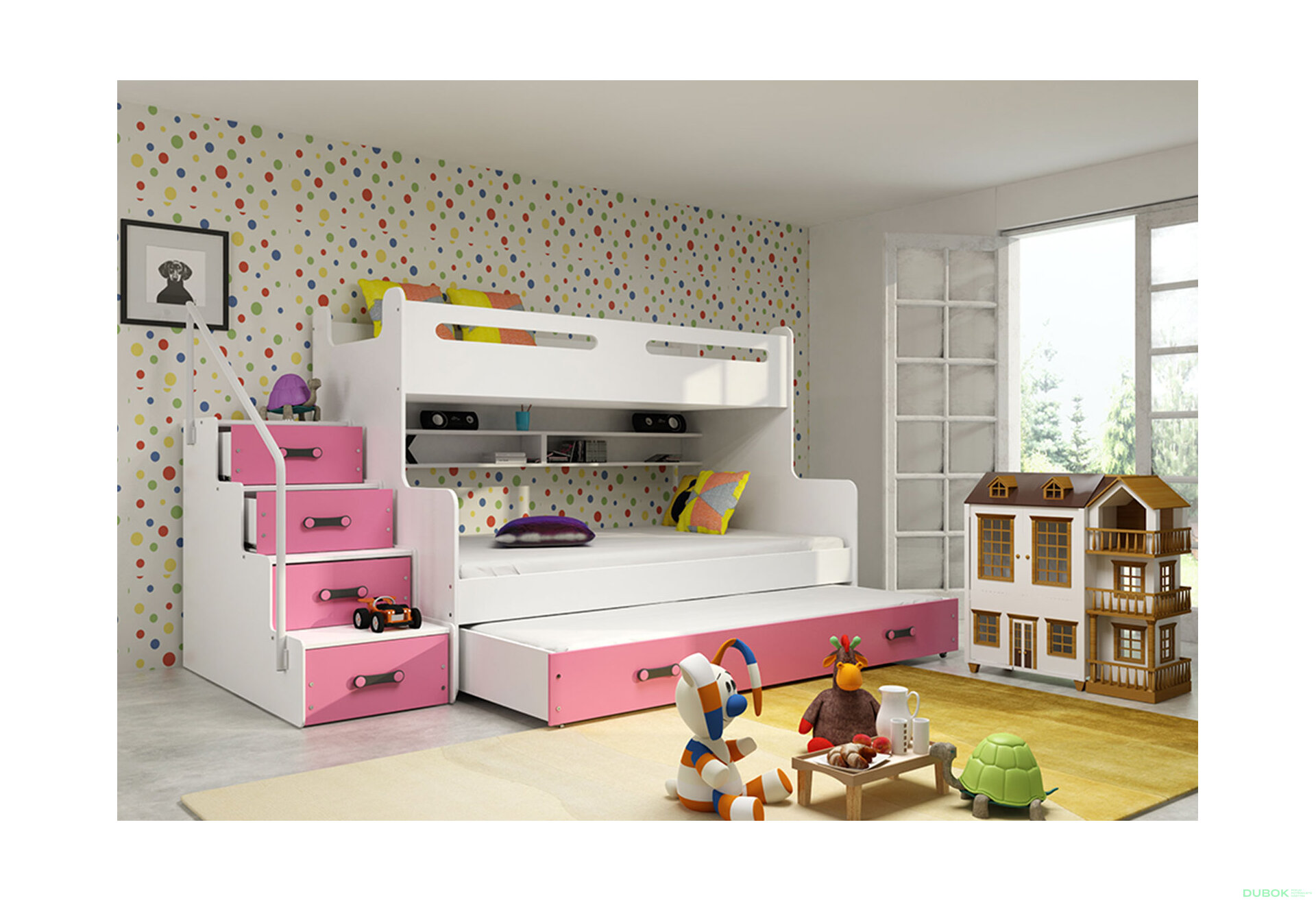 Obrázek 3 - Patrová postel Max 3 pro tři osoby bílé / růžový 80x200 / 120x200 / 80x190, s roštem, matrací