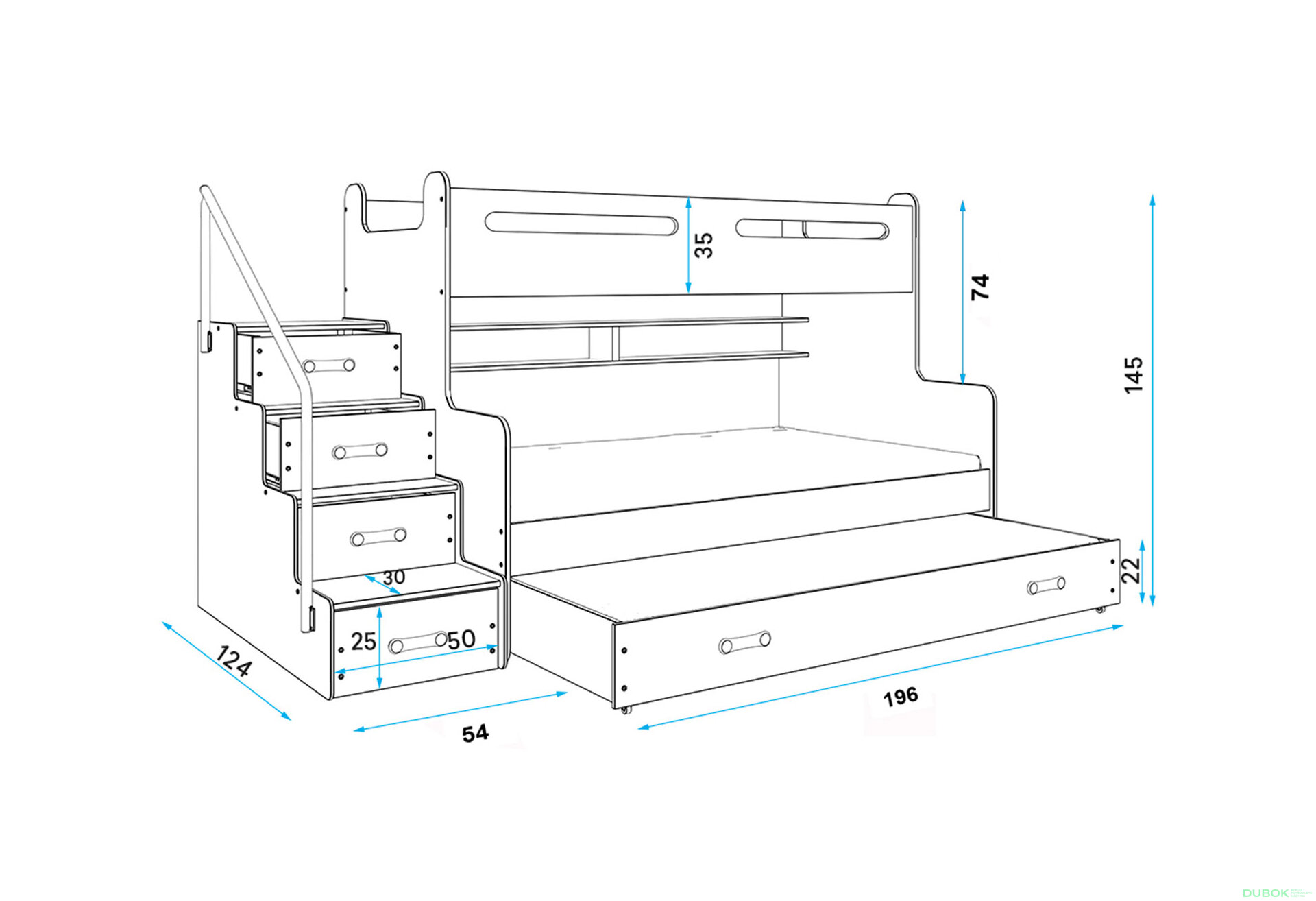 Obrázek 4 - Patrová postel Max 3 pro tři osoby bílé / růžový 80x200 / 120x200 / 80x190, s roštem, matrací
