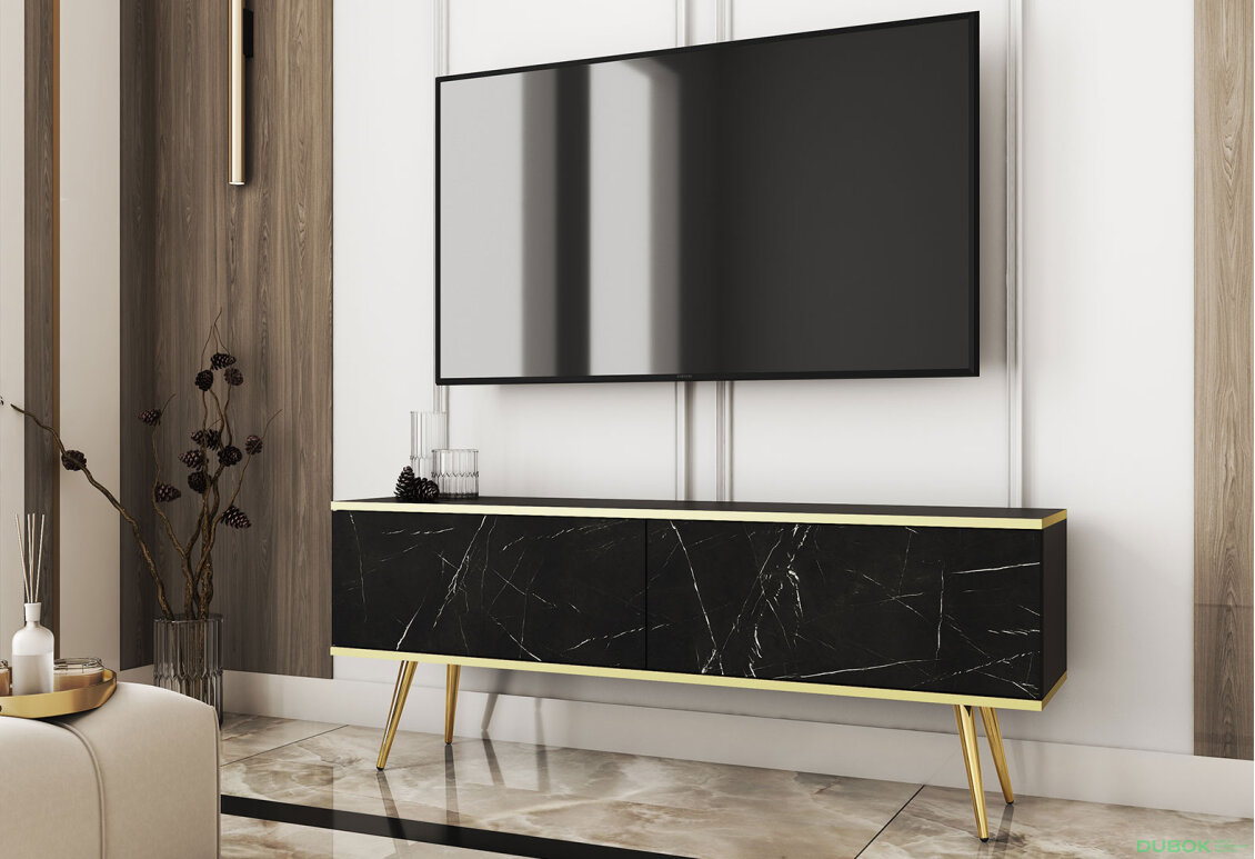 Obrázek 2 - TV stolek RTV 135 černý mramor, zlaté nohy Oro