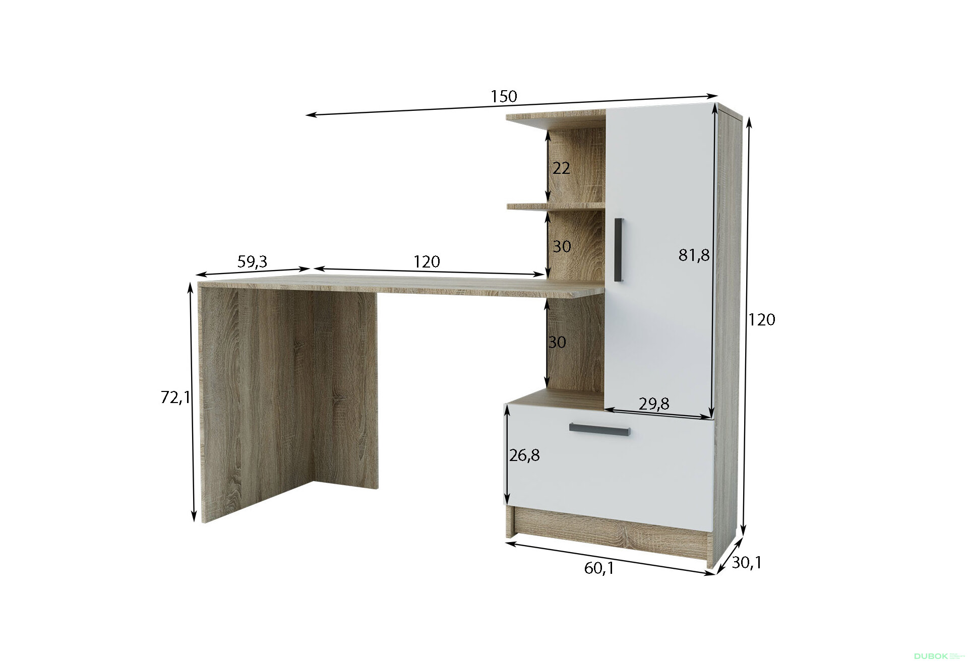 Obrázek 4 - Psací stůl s pravou montáží Standard 150 cm Dub sonoma / Nymphaea alba