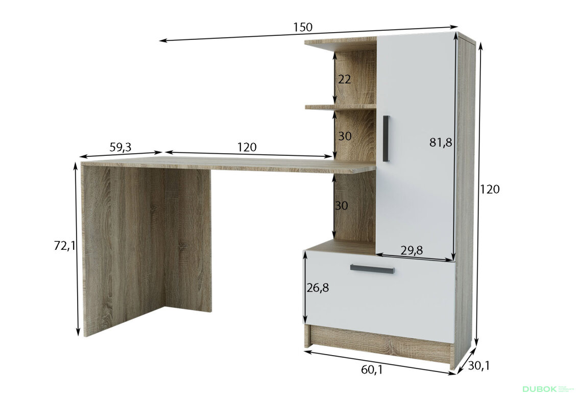 Obrázek 4 - Psací stůl s pravou montáží Standard 150 cm Dub sonoma / Nymphaea alba