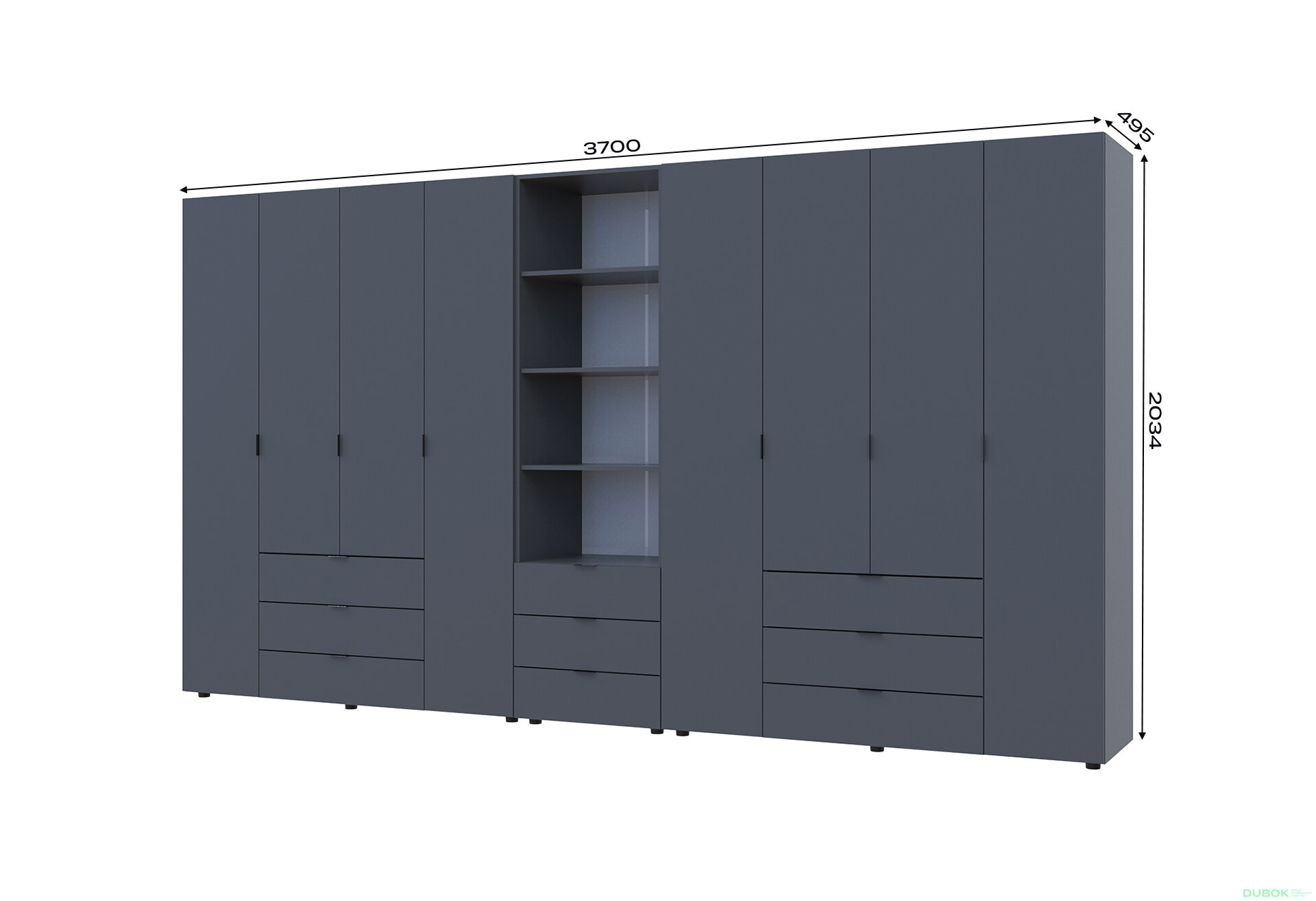 Obrázek 7 - Skříň osmidveřová s regálem se zásuvkami Gelar 370 cm grafit