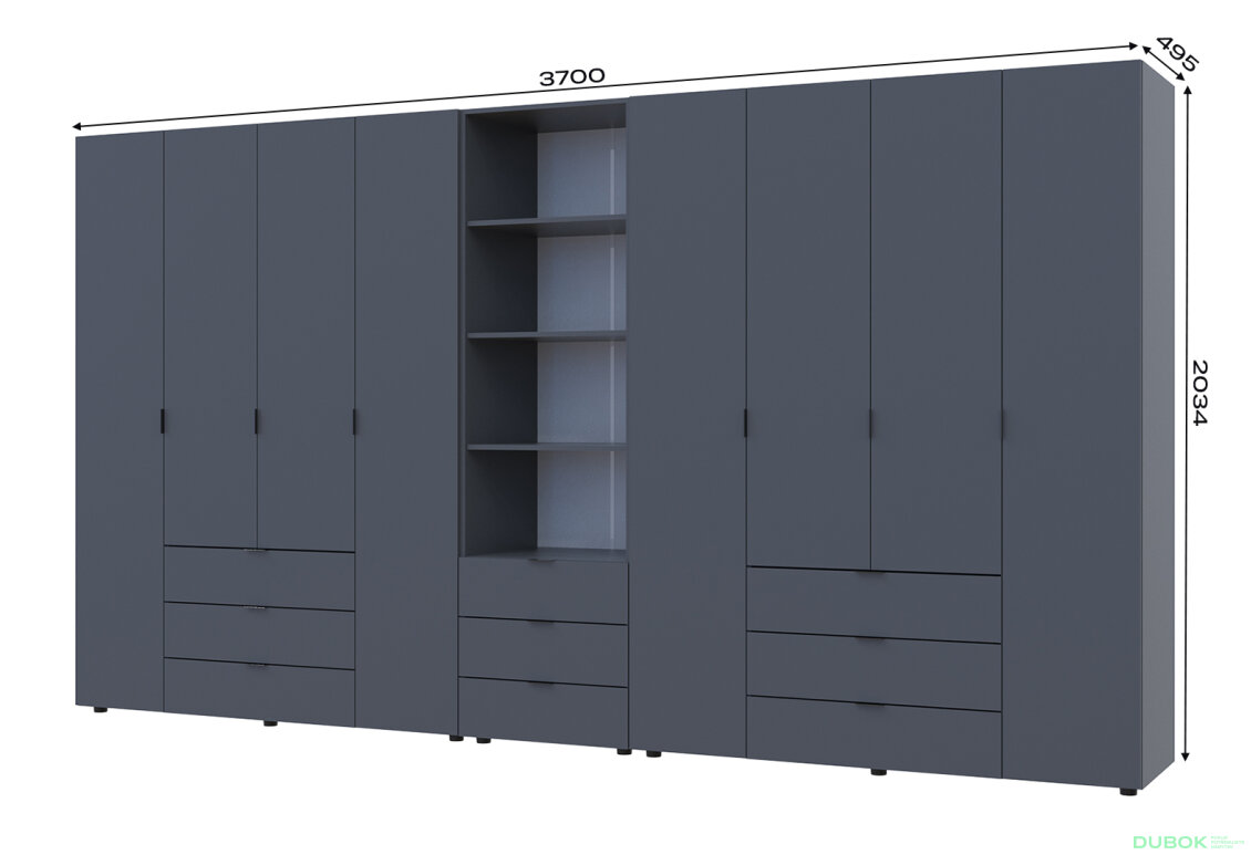 Obrázek 7 - Skříň osmidveřová s regálem se zásuvkami Gelar 370 cm grafit