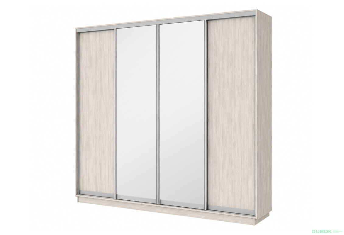 Šatní skříň s posuvnými dveřmi 4D 2800x2300x450 2LTD 2 zrcadla artwood světlý, profil stříbrný