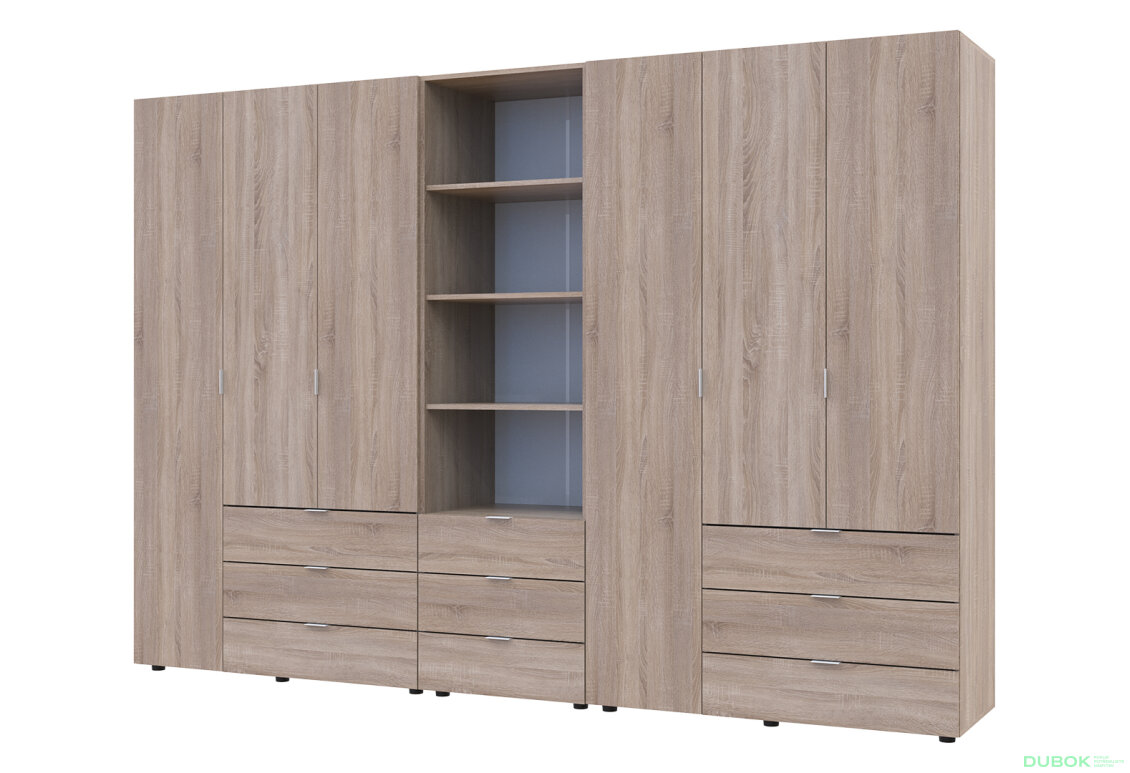 Skříň šestidveřová s regálem se zásuvkami Gelar 292.4 cm dub sonoma