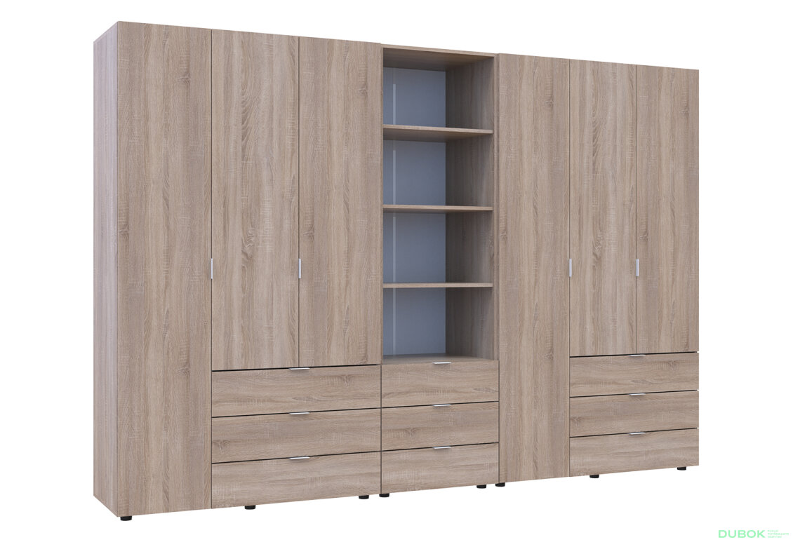 Obrázek 4 - Skříň šestidveřová s regálem se zásuvkami Gelar 292.4 cm dub sonoma