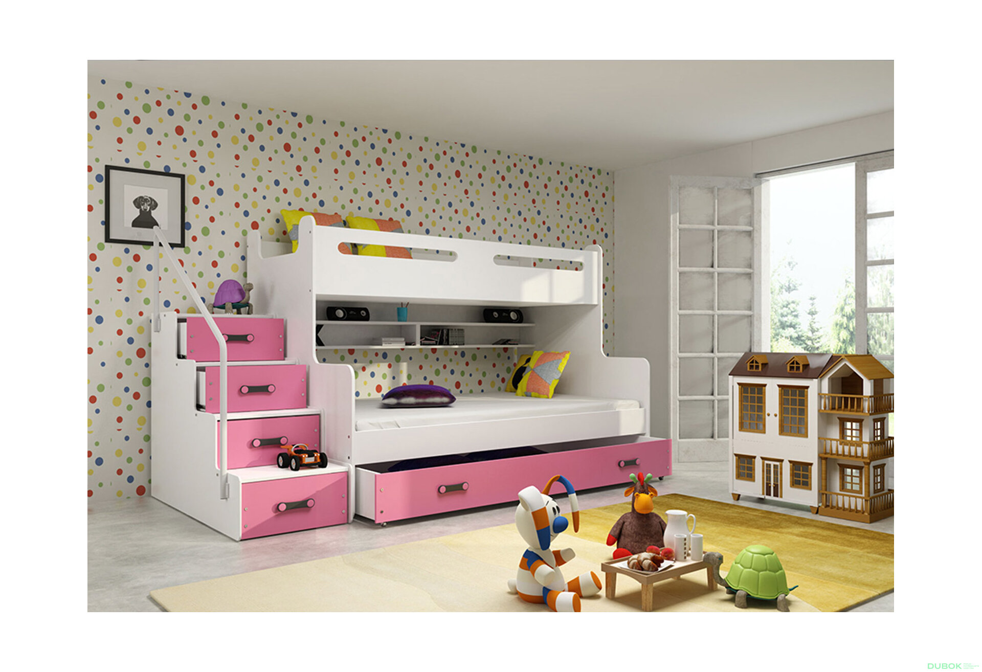 Obrázek 2 - Patrová postel Max 3 bílé / růžový 80x200 / 120x200 + zásuvka, s roštem, matrací