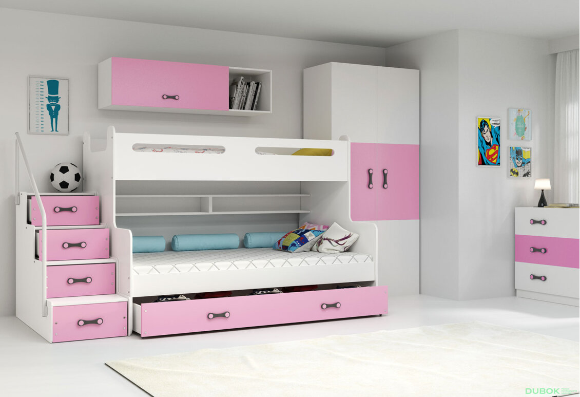 Obrázek 3 - Patrová postel Max 3 bílé / růžový 80x200 / 120x200 + zásuvka, s roštem, matrací