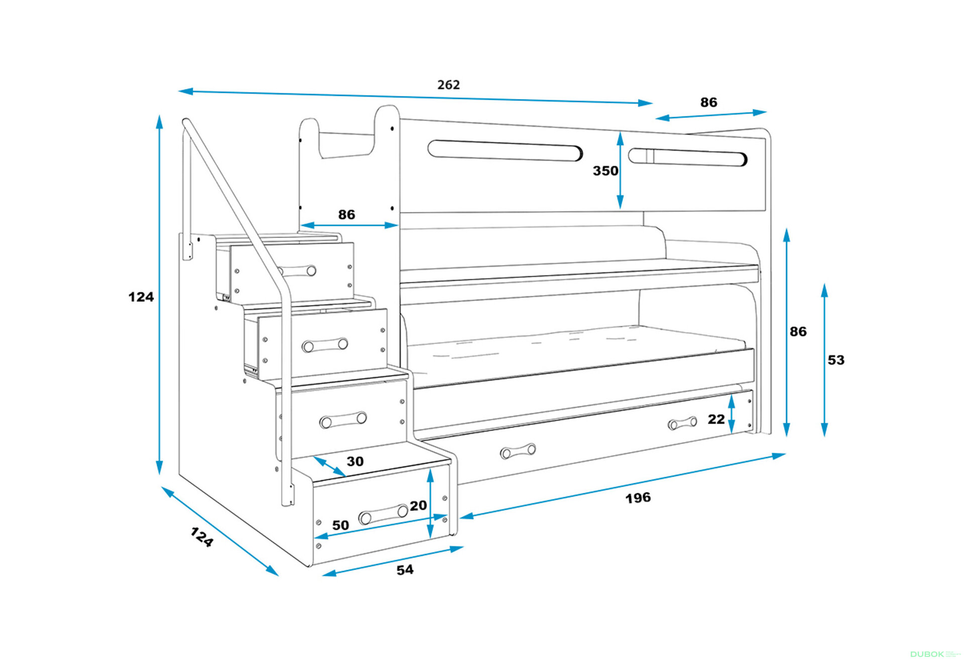 Obrázek 6 - Patrová postel Max 1 pro tři osoby bílé / růžový 80x200 cm s roštem, matrací