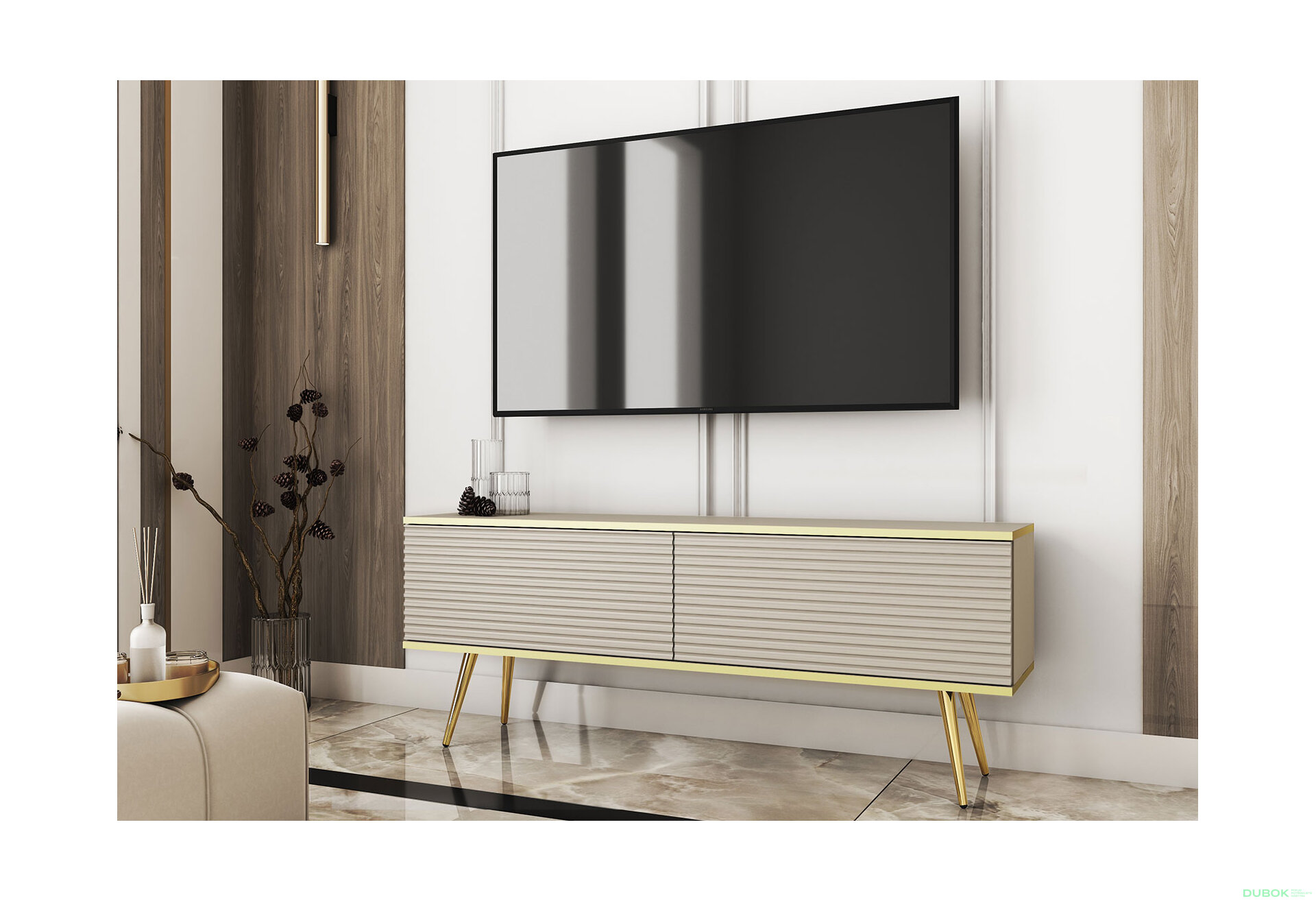 Obrázek 2 - TV stolek RTV 135 MDF béžový, zlaté nohy Oro