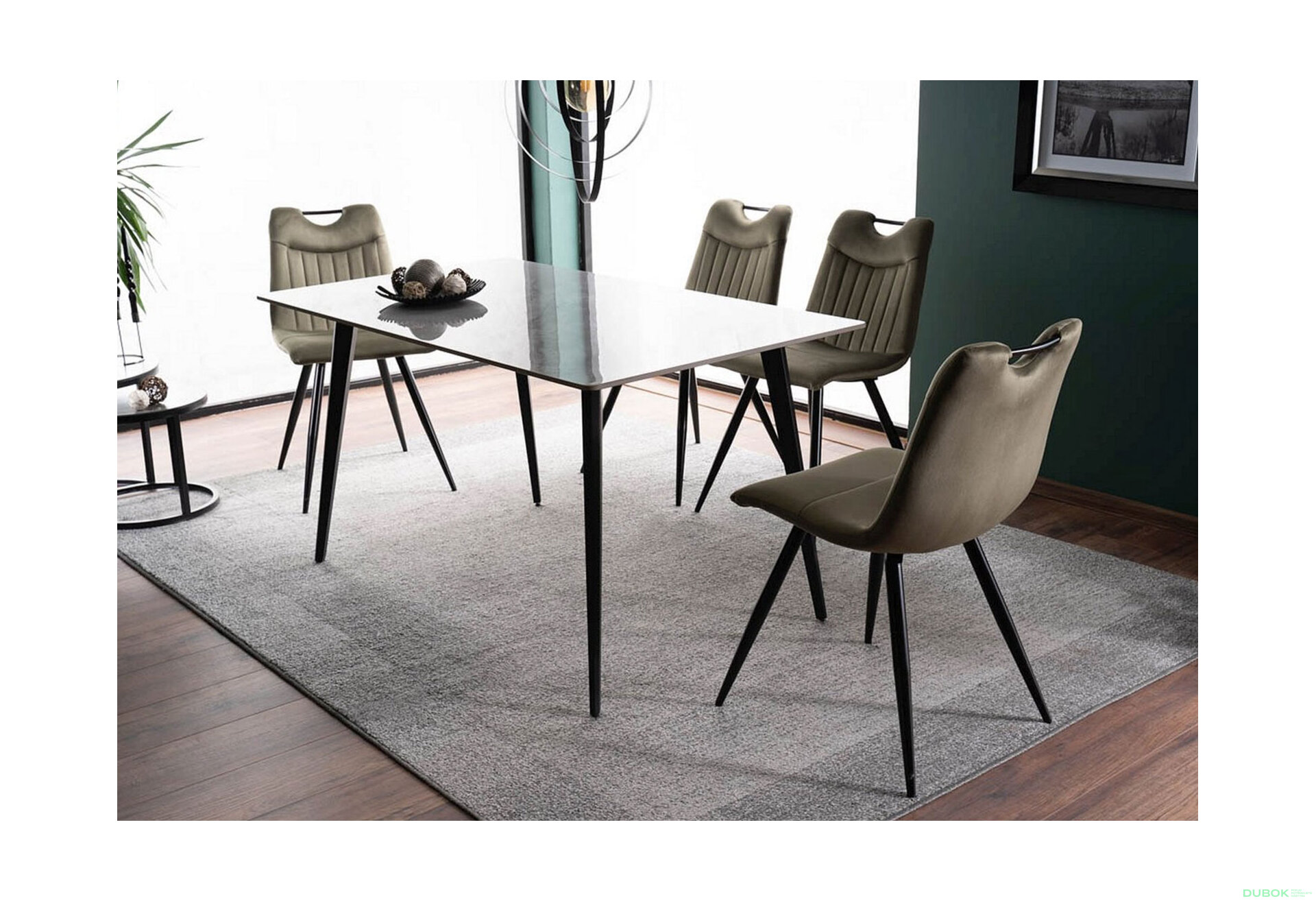 Obrázek 1 - Stůl Ivy 140x80 + 4 židle Orfe Velvet olivový Bluvel 77 / černý mat