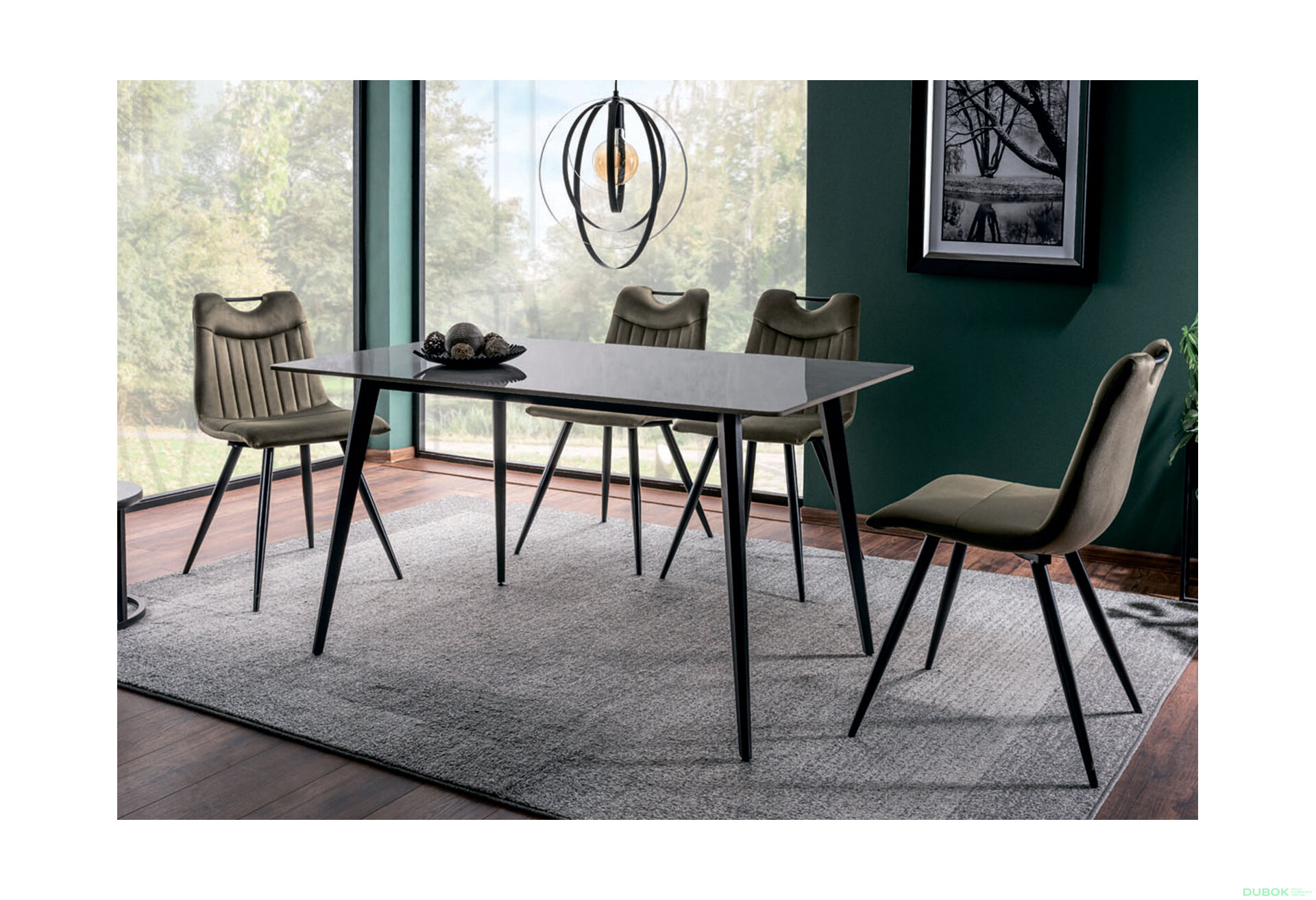 Obrázek 2 - Stůl Ivy 140x80 + 4 židle Orfe Velvet olivový Bluvel 77 / černý mat