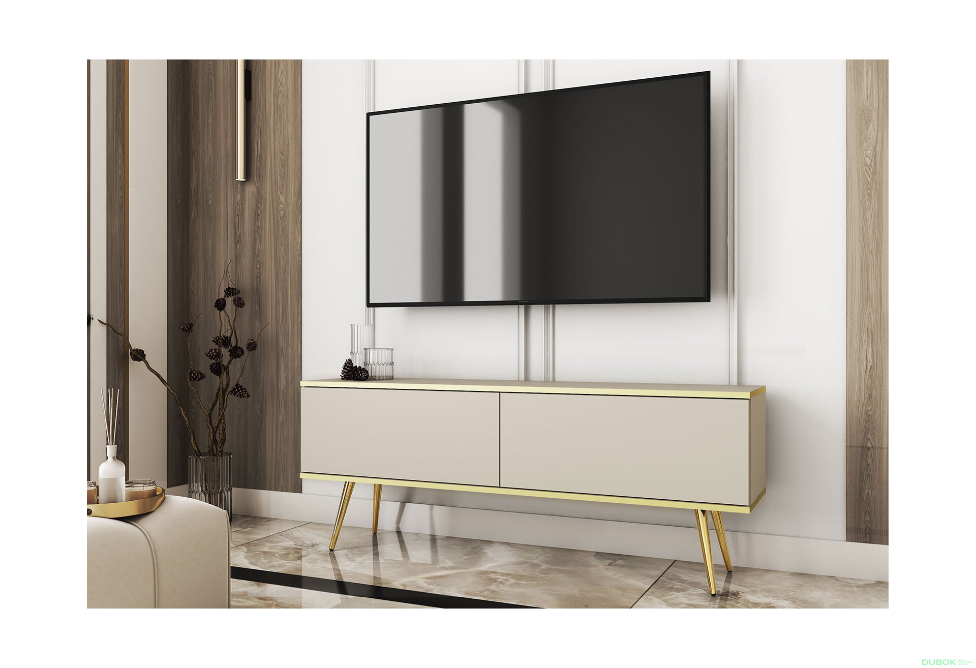 Obrázek 2 - TV stolek RTV 135 béžový, zlaté nohy Oro
