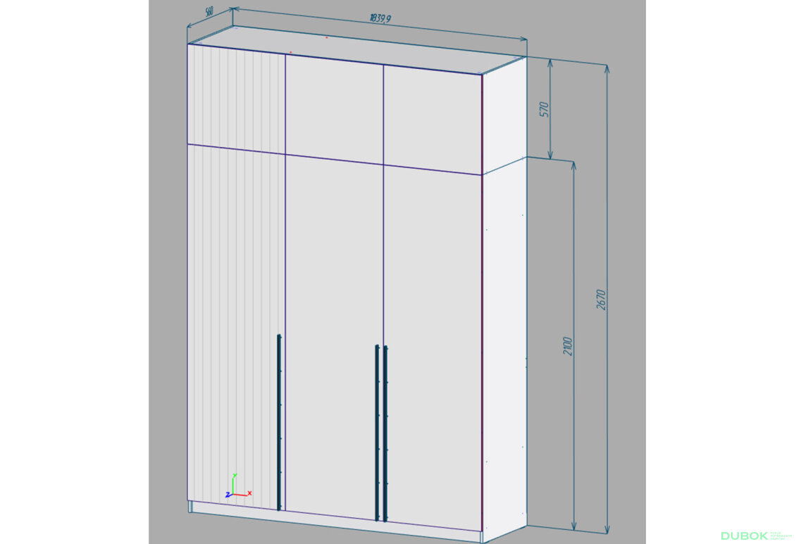 Obrázek 4 - Šatní skříň 1 185x56x268 k. Dřevotříska 16 mm Nymphea alba, MDF 16 mm, bílá lesklá barva, frézovaná. Linka + mýdlo