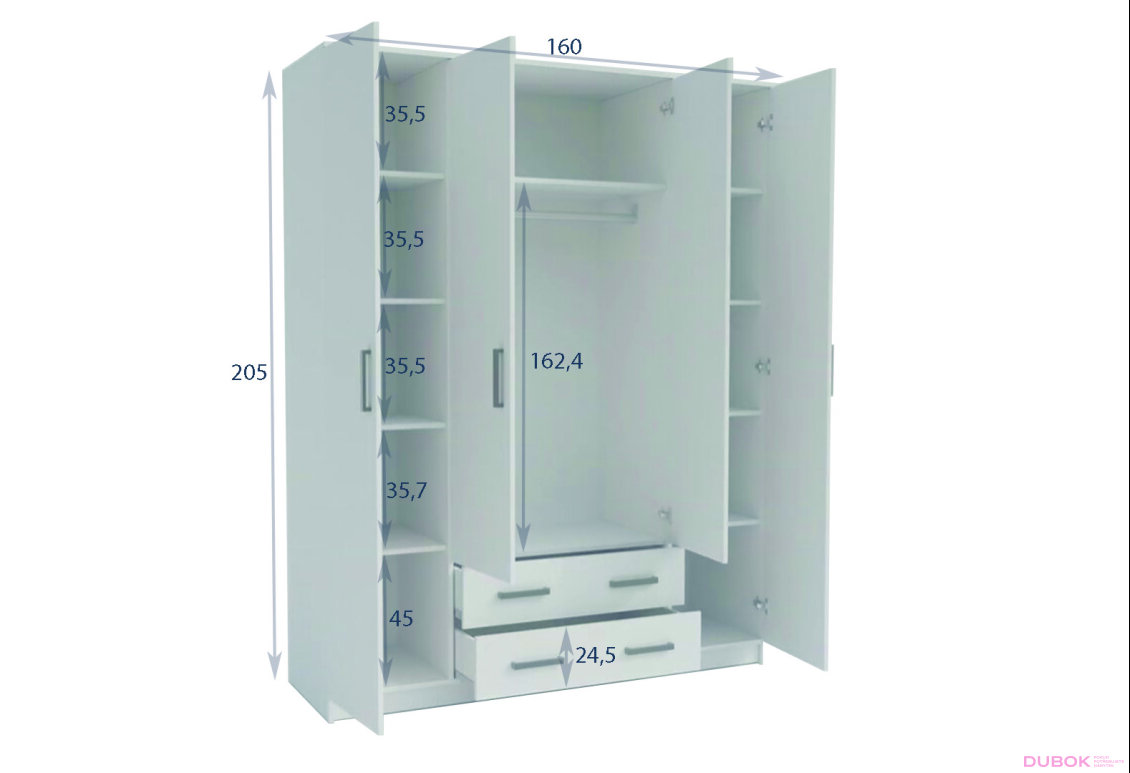 Obrázek 2 - Skříň čtyřdveřová se zásuvkami Simple 160 cm Dub kraft zlatý