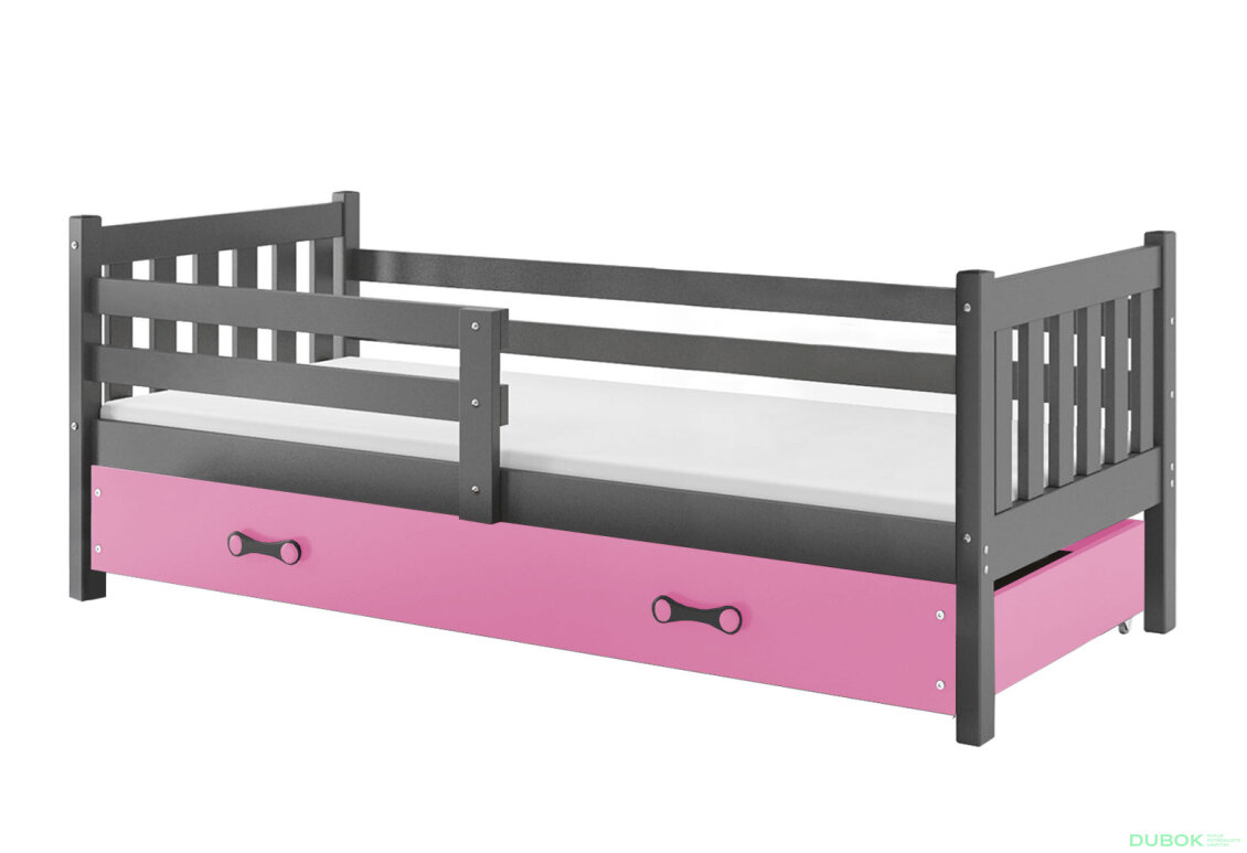 Obrázek 3 - Postel Carino grafit, zásuvka růžový 90x200 cm s roštem, matrací