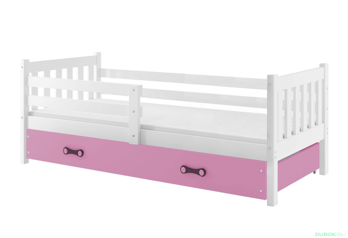 Obrázek 2 - Postel Carino bílé, zásuvka růžový 90x200 cm s roštem, matrací