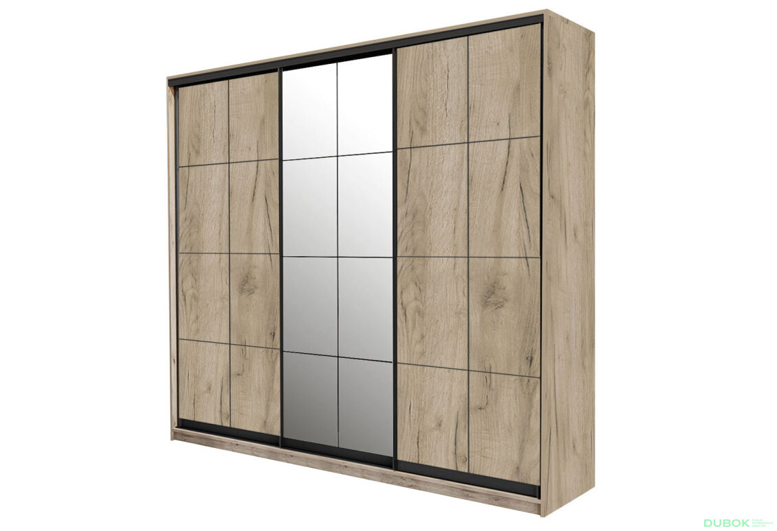 Skříň 3D W Loft 1800x600x2400, 2 DTD + 1 zrcadlo Lines BL, Dub kraft šedý