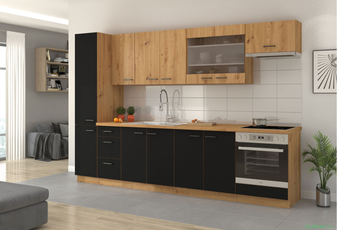 Kuchyňská sestava 3.0 m dub artisan / černý mat Modena