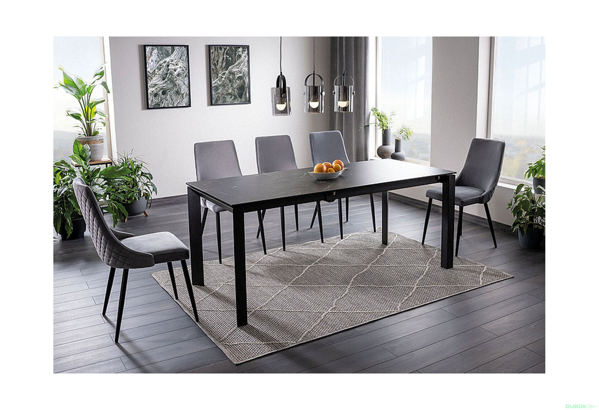 Obrázek 1 - Stůl Metropol Ceramic 120(180)x80 černý + 4 židle Piano B Matt Velvet šedý Bluvel 85 / kov černá matná