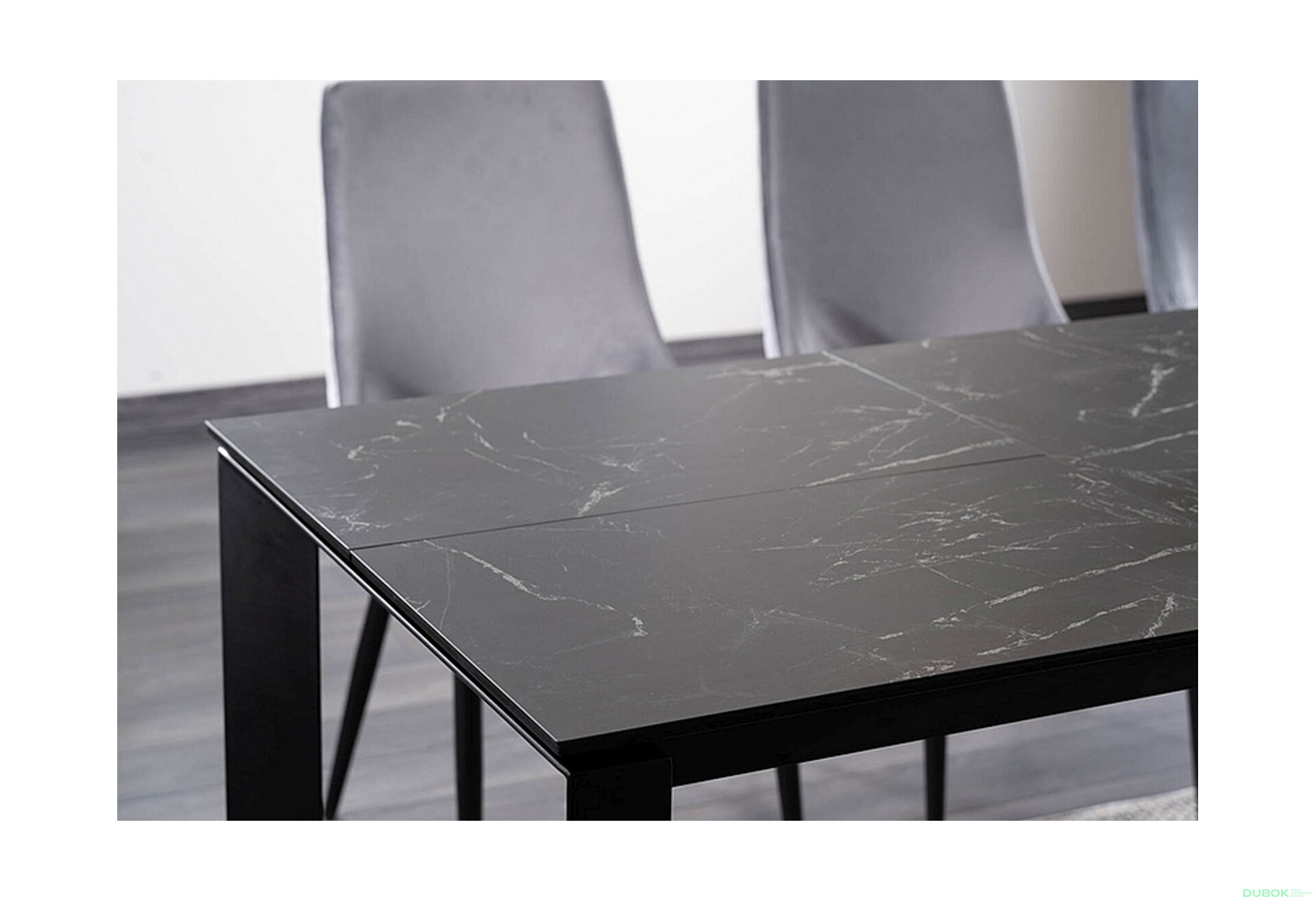Obrázek 2 - Stůl Metropol Ceramic 120(180)x80 černý + 4 židle Piano B Matt Velvet šedý Bluvel 85 / kov černá matná