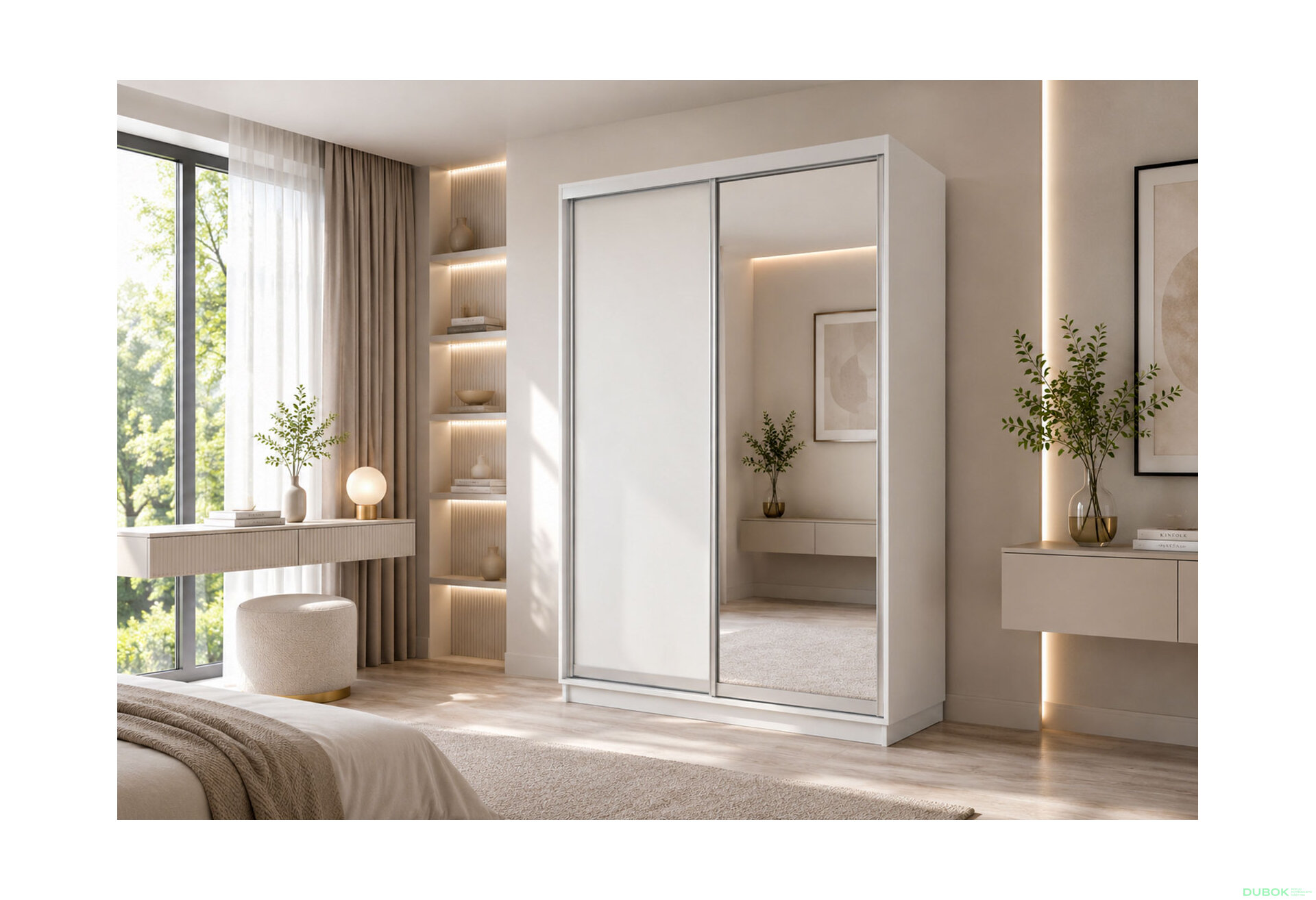 Obrázek 2 - Skříň s posuvnými dveřmi 1400x2200x600 1LTD 1 Zrcadlo nymphea alba, profil stříbrný