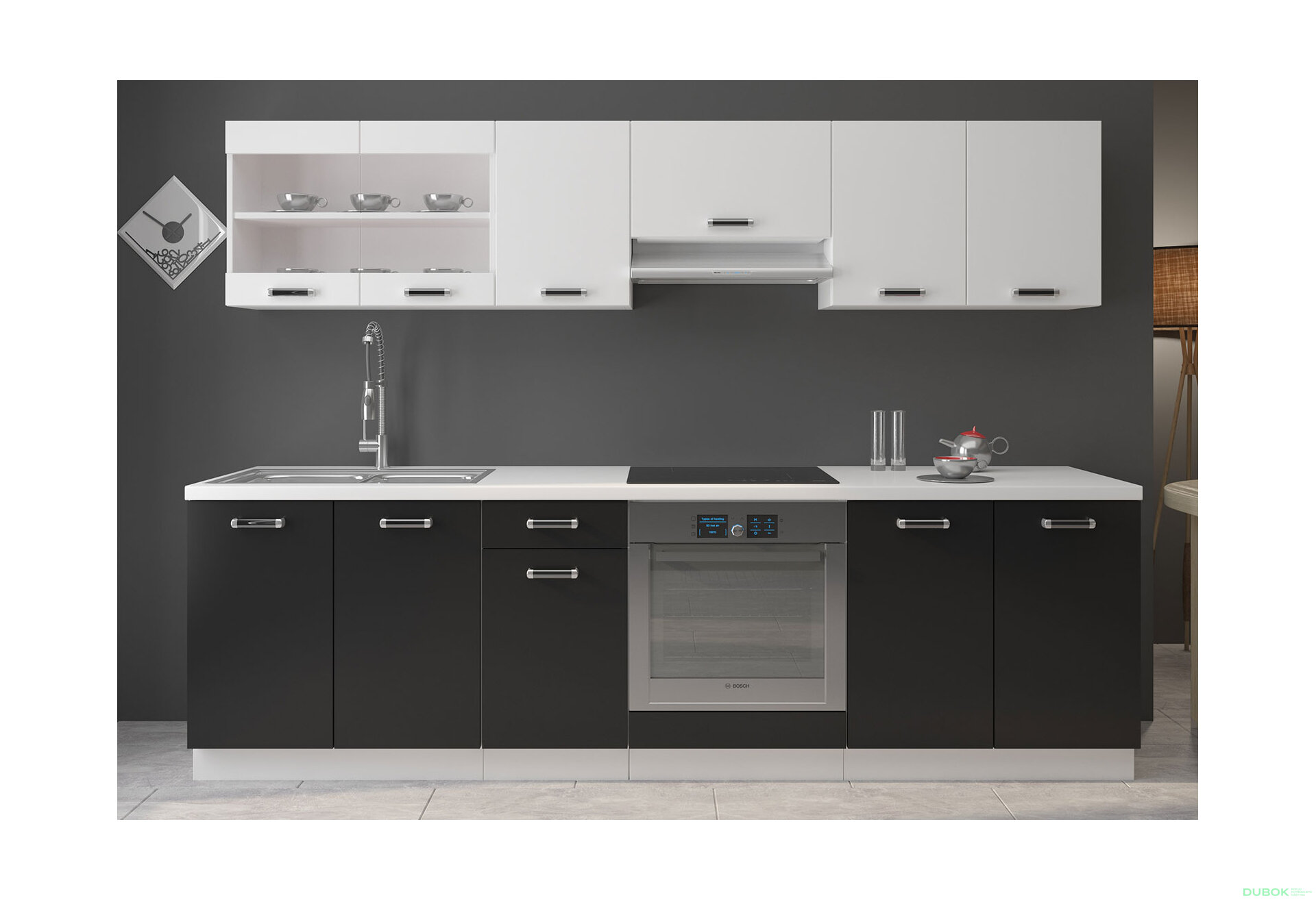Obrázek 1 - Kuchyňská sestava 2.6 m Omega bílý / černý, pracovní deska bílá