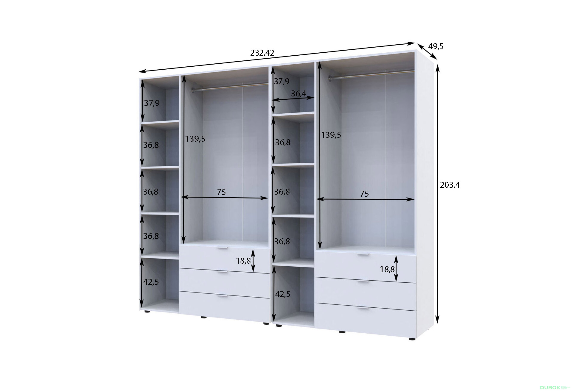 Obrázek 3 - Skříň šestidveřová Gelar 232.42 cm Bílá