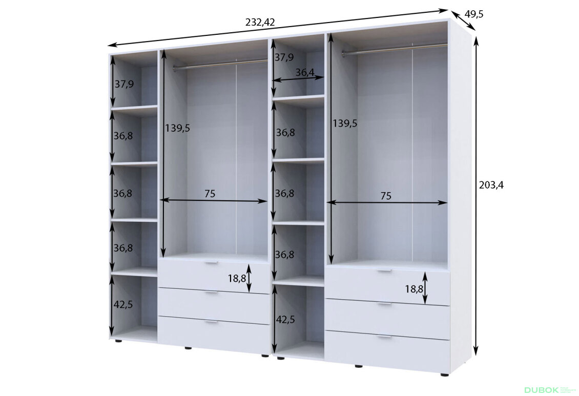 Obrázek 3 - Skříň šestidveřová Gelar 232.42 cm Bílá