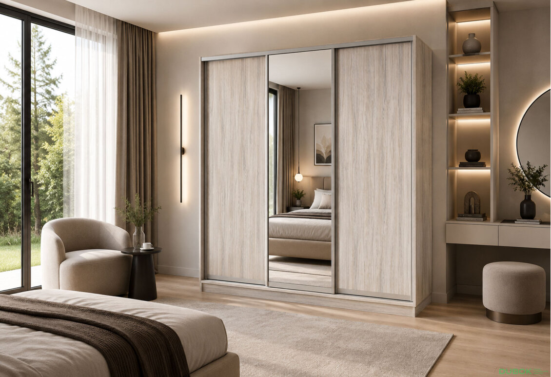 Obrázek 2 - Skříň s posuvnými dveřmi 2000x2200x600 2LTD 1 Zrcadlo Artwood světlý, profil stříbrný