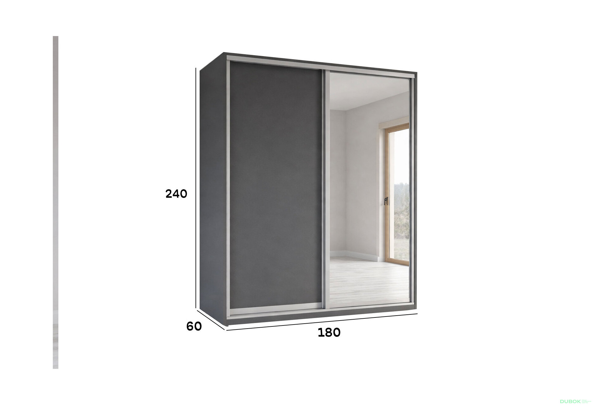 Obrázek 4 - Skříň s posuvnými dveřmi 1800x2400x600 1LTD 1 Zrcadlo grafit šedý, profil stříbrný