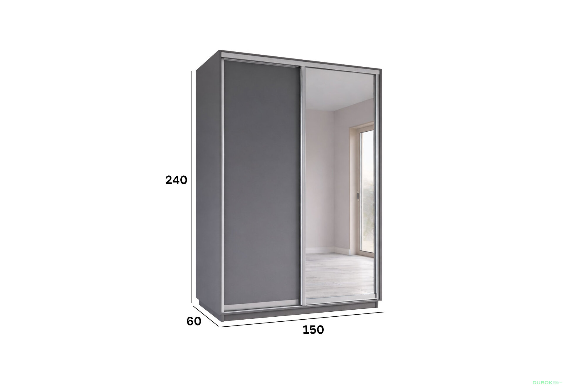 Obrázek 4 - Skříň s posuvnými dveřmi 1500x2400x600 1LTD 1 Zrcadlo grafit šedý, profil stříbrný
