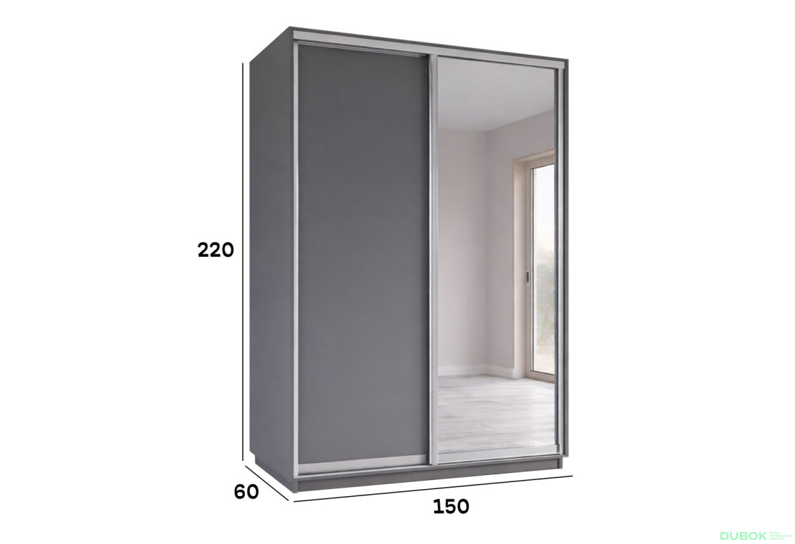Obrázek 4 - Skříň s posuvnými dveřmi 1500x2200x600 1LTD 1 Zrcadlo grafit šedý, profil stříbrný