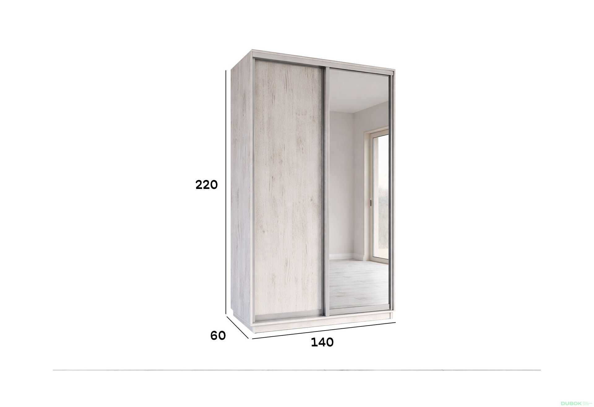 Obrázek 4 - Skříně s posuvnými dveřmi 1400x2200x600 1LTD 1 Zrcadlo Dub Craft bílý, profil stříbrný
