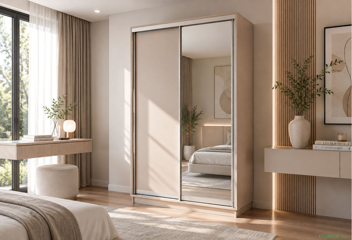 Obrázek 2 - Skříň s posuvnými dveřmi 1400x2200x600 1LTD 1 Zrcadlo Kašmír, profil stříbrný