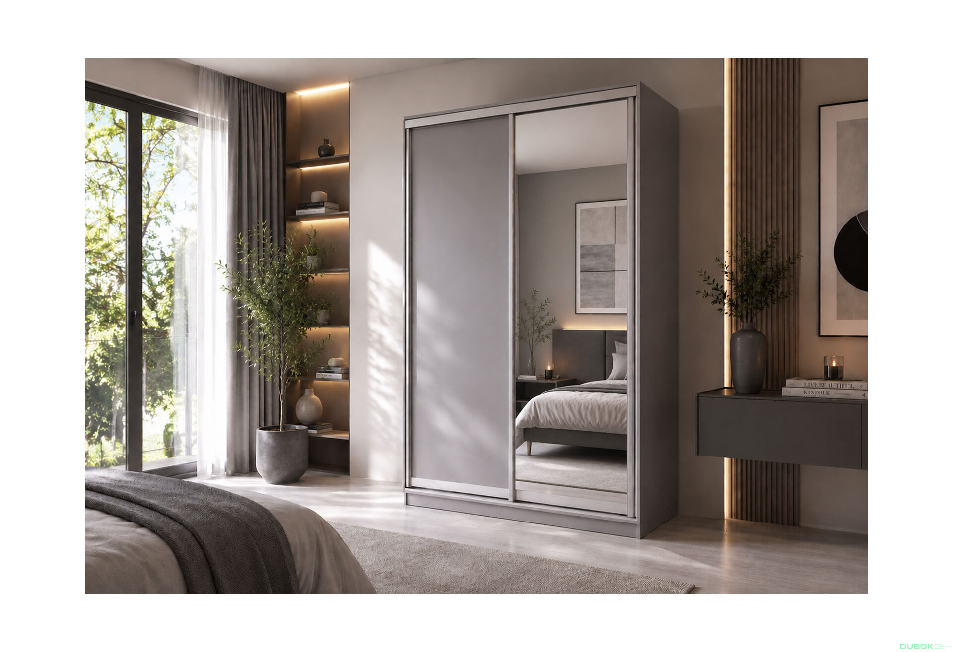 Obrázek 2 - Skříň s posuvnými dveřmi 1400x2200x600 1LTD 1 Zrcadlo myší šedá, profil stříbrný