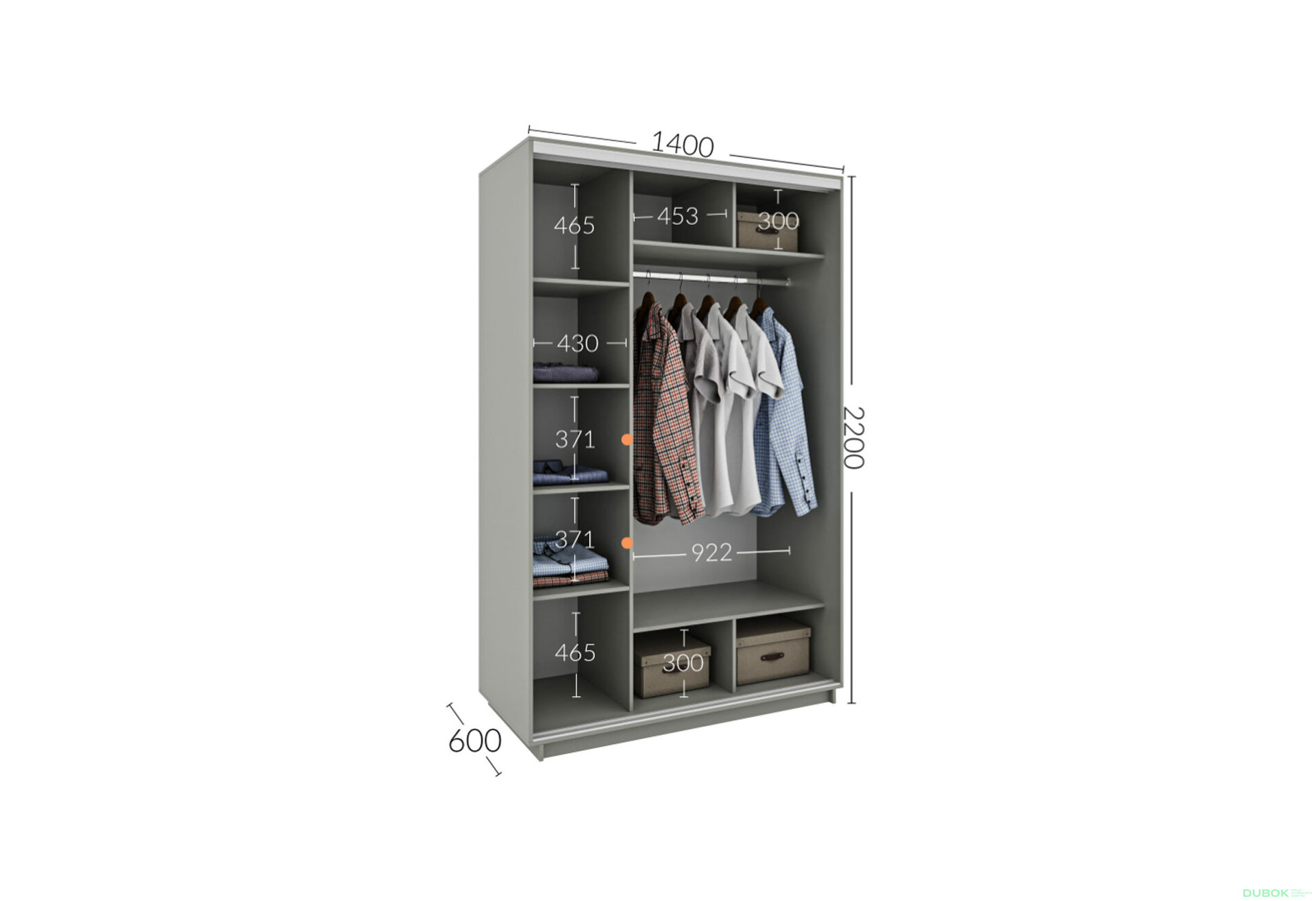 Obrázek 5 - Skříň s posuvnými dveřmi 1400x2200x600 1LTD 1 Zrcadlo myší šedá, profil stříbrný